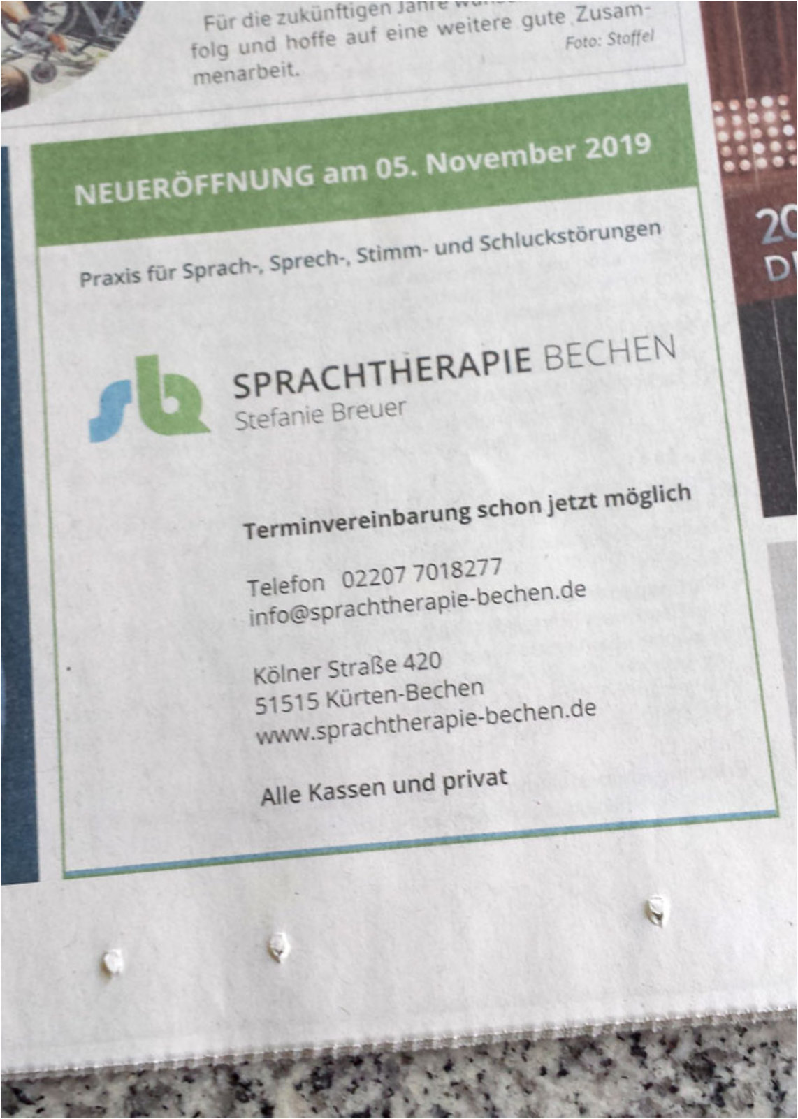 Anzeige zur Neueröffnung der Praxis Sprachtherapie Bechen